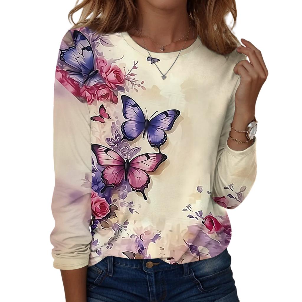 Long Sleeve Shirts For Women Cute Print Graphic Tees Blouses Casual Plus Size Basic Tops Pullover