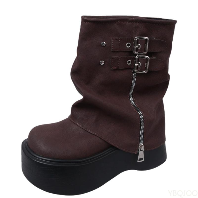 Botas de plataforma impermeáveis que aumentam a altura, doces e picantes com zíper, botas femininas de sola grossa, estilos outono inverno, simples e versátil