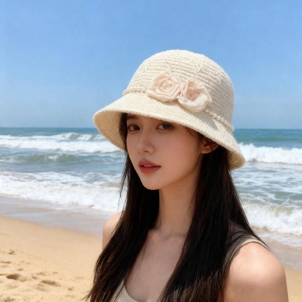 French Elegant Flower Pearl Knitted Fisherman's Hat Ladies Summer Fashion Face Small Shade Straw Hat Sun Hat