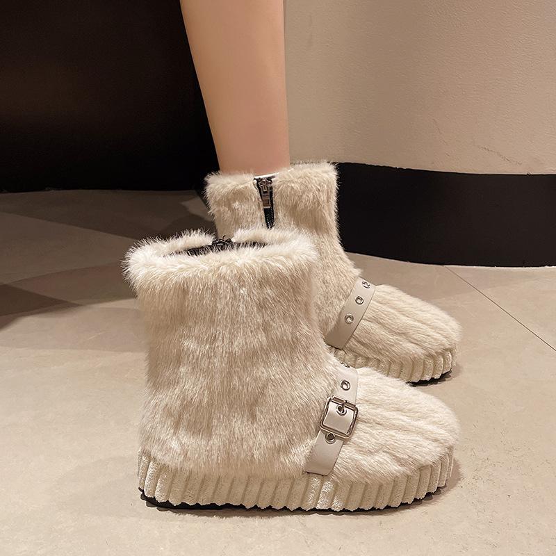 Fashion hairy side zipper thick-soled snow boots winter warm velvet belt buckle casual short boots tide