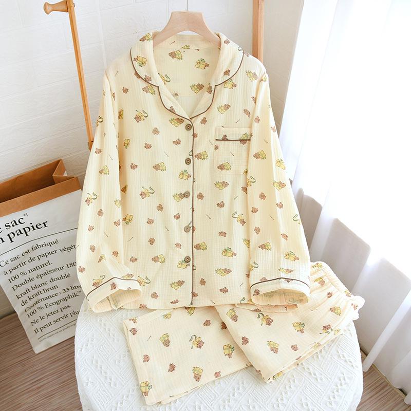 

Пижамный комплект из хлопкового крепа с длинными рукавами — симпатичный и свободный, идеально подходит для дома и улицы весной и осенью M