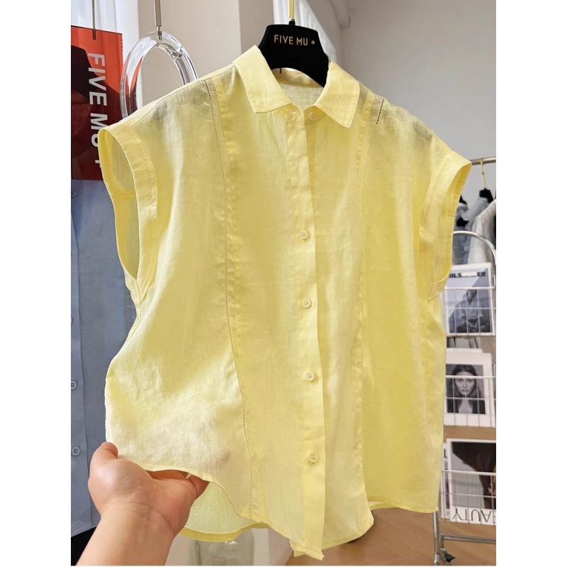 Women s Sleeveless Cotton Linen Lapel Shirt - Elegant French Style, Lightweight, High-End Feel, Perfect for Summer M