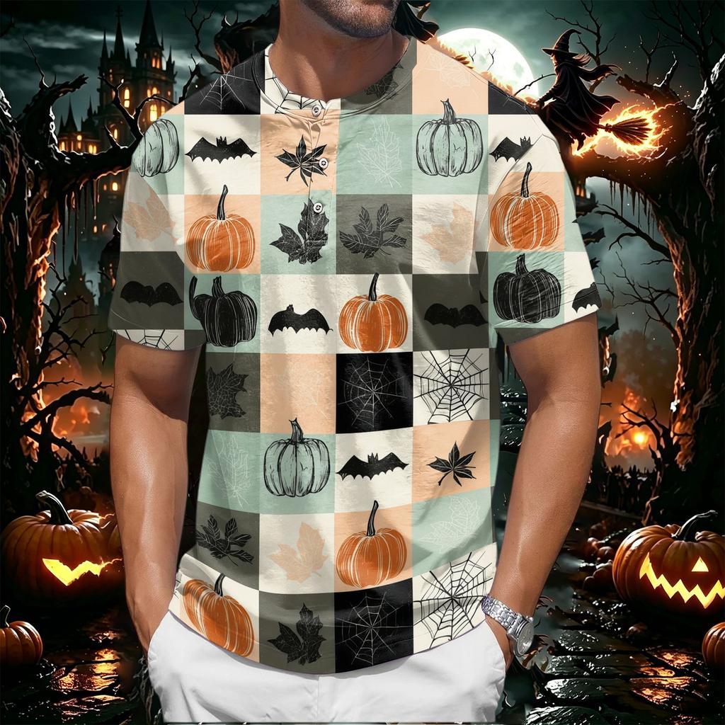 Mens Halloween Print Crew Neck Short Sleeve T Shirt Soft Fabric Casual Fit Pumpkin Pattern Comfortable Top