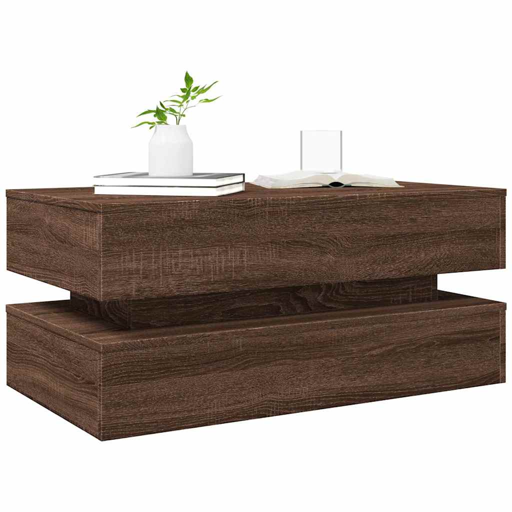 Coffee Table with LED Lights Brown Oak Effect 90 X 50 X 40 Cm