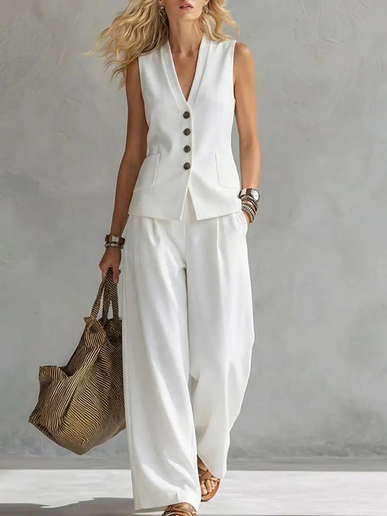Women's Sleeveless Vest Two Piece Set V Neck Button Waistcoat Wide Leg Pants Linen Blend Commuter Suit Summer Outfit