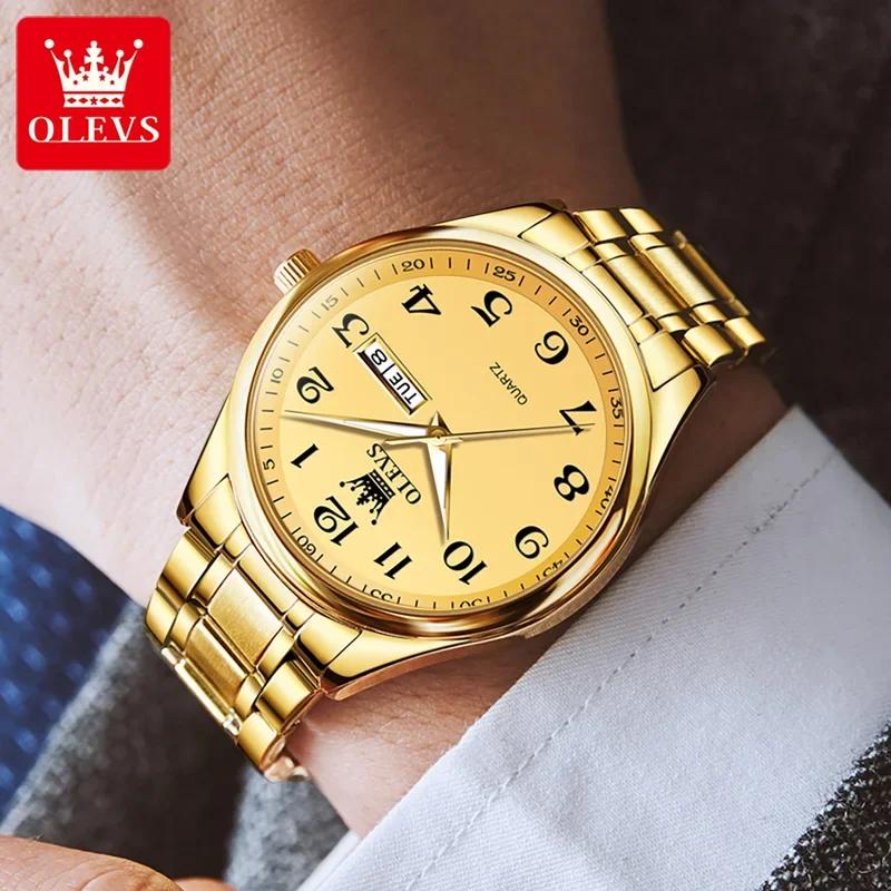 OLEVS Klassische Herrenuhren aus Edelstahl, wasserdicht, leuchtend, Doppelkalenderanzeige, Quarzuhr für Männer