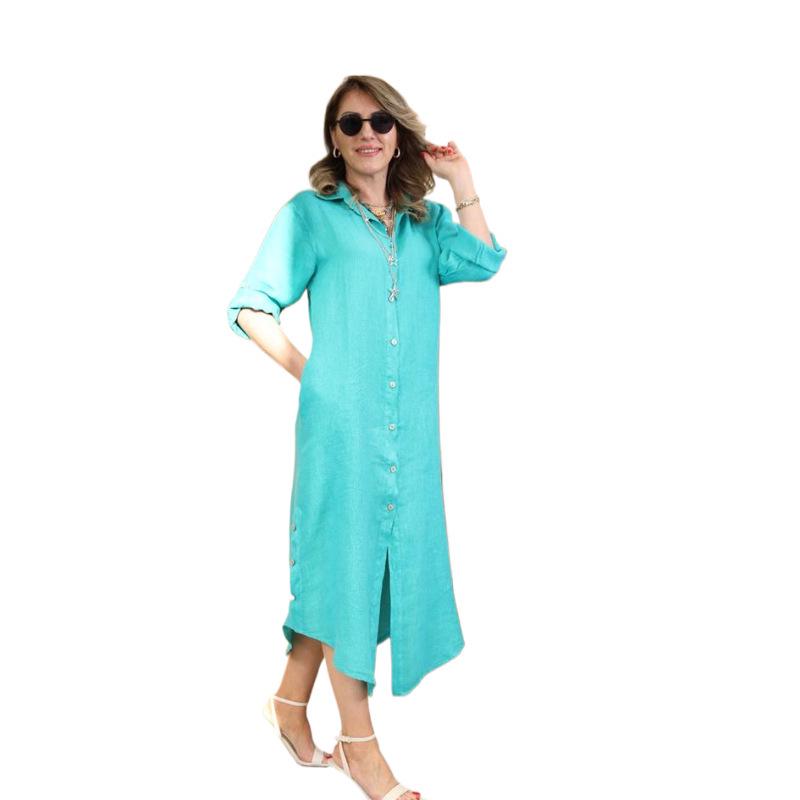 Plus Size Linen Button-Down Dress with Lace Cutout - European & American Style Casual