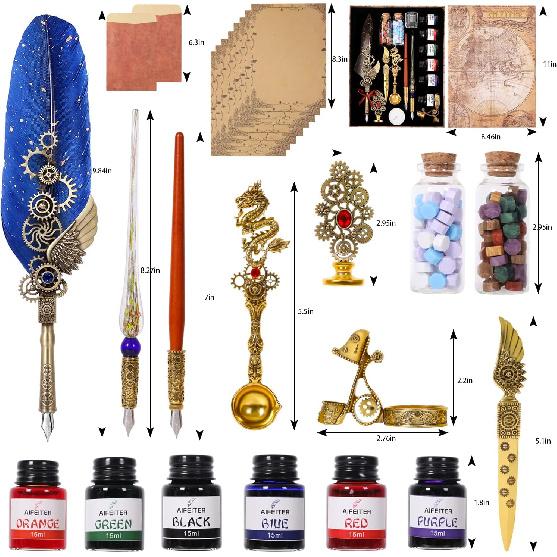 Quill Pen Ink Set-Feather Calligraphy Pen and Ink Set,Includes 6 Bottles of Ink,Quill Pen,Glass Dipping Pen,Wooden Dipping Pen,17 nibs,8 Sheets of