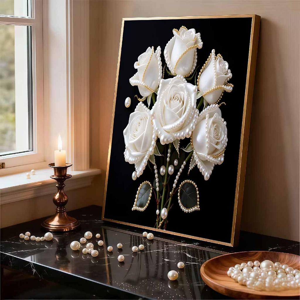 DIY White Rose Pearl Diamond Art Kits Without Frame 30x40cm Gem Art Diamond Painting Kits for Adults/Beginners Gift Idea Home Wall Decor