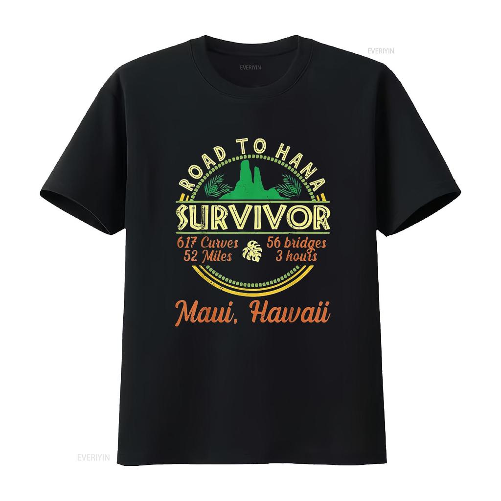 Mens Cool Hawaii Road Trip 2023 Maui To Hana Survivor Retro T Shirt Black vintage Washed Comfortable Stretched Breathable