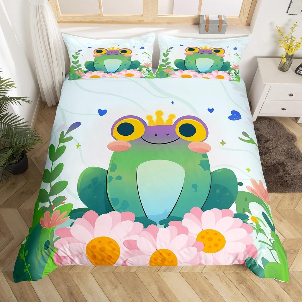 Kawaii Frog Dynetrekk King Queen Tegneserie Dyretema Sengesett Funny Wildlife Dynetrekk Barn Soverom Mykt Dynetrekk