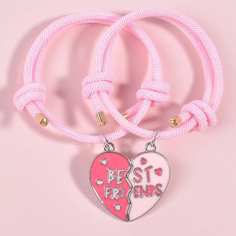 2Pcs Heart-shaped Stitching Bracelet Magnet Pendant BFF Friendship Handmade Weaved Jewelry Birthday Gifts for Kids Women 2026