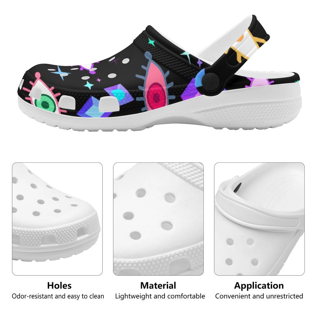 White EVA Clogs with Bright Heart Print, Lightweight Slip On Garden Shoes, Breathable Beach Sandals, Indoor Outdoor Slippers for Men Women
