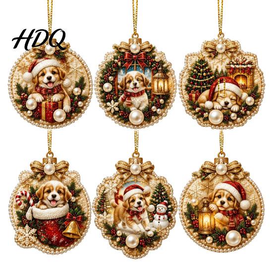 2D Acrylic Santa Ornaments 6 Pcs Christmas Pearl Art Ornaments Flat Holiday Tree Pendant Creative Effect Hanging Decoration for Home Wall