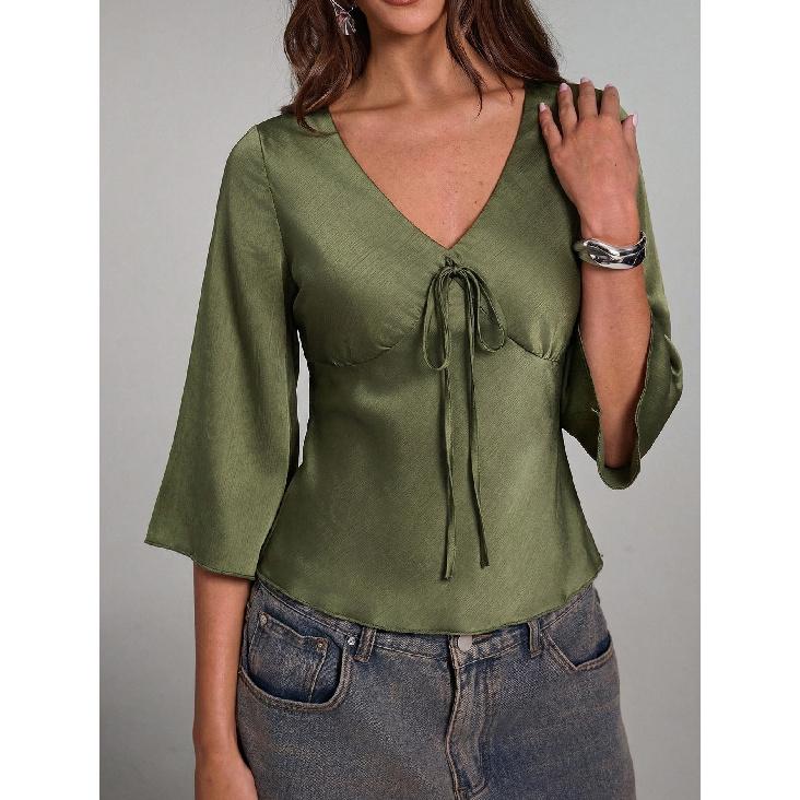

Fashionable Solid Color Shirt 2026 Spring/Summer New Slim Fit Pullover V-Neck Blouse for Women S армия зеленый
