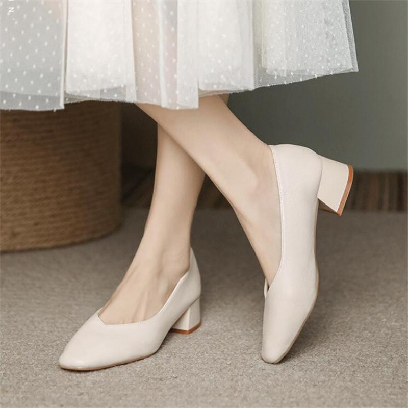 Woman Elegant Summer French Square Toe High Heels Mary Janes Female Retro Casual Shoes Low Heeled Soft Soled Ladies Shoes
