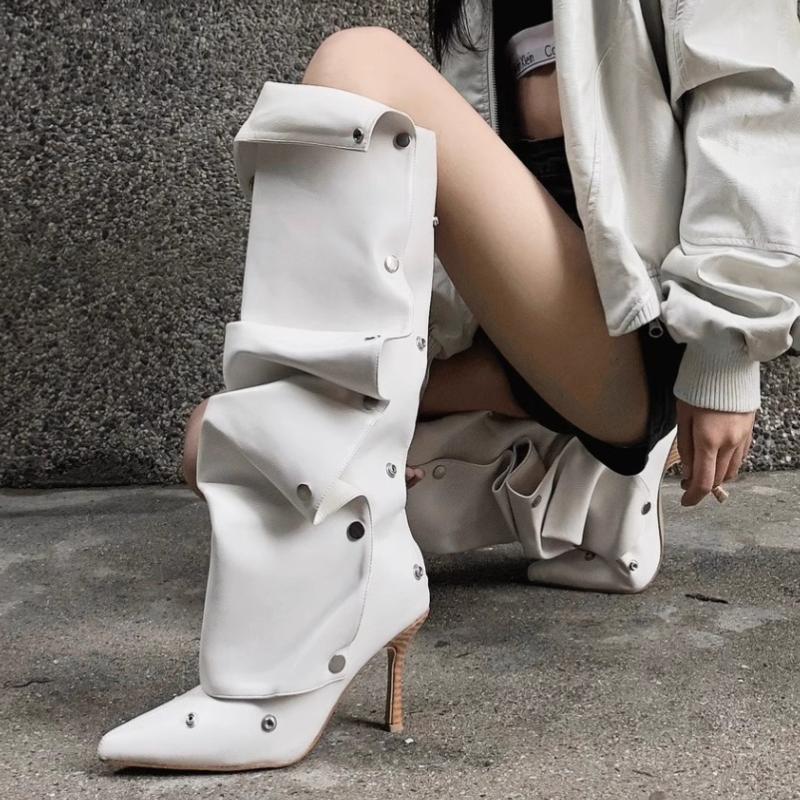 Designer Women Boots Fashion Pointe High-heel Boot Pleated Design Knee-high Boots Trouser Leg Boots for Women Botas Largas Mujer