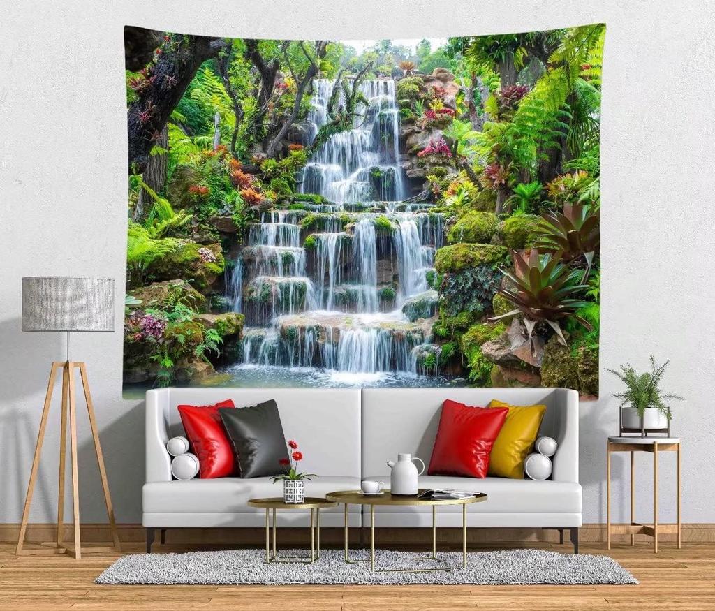 Waterfall Tapestry Backdrop Forest Landscape Tapestry Wall Hanging Lake River Natural Scenery Background Living Room Dorm Decor