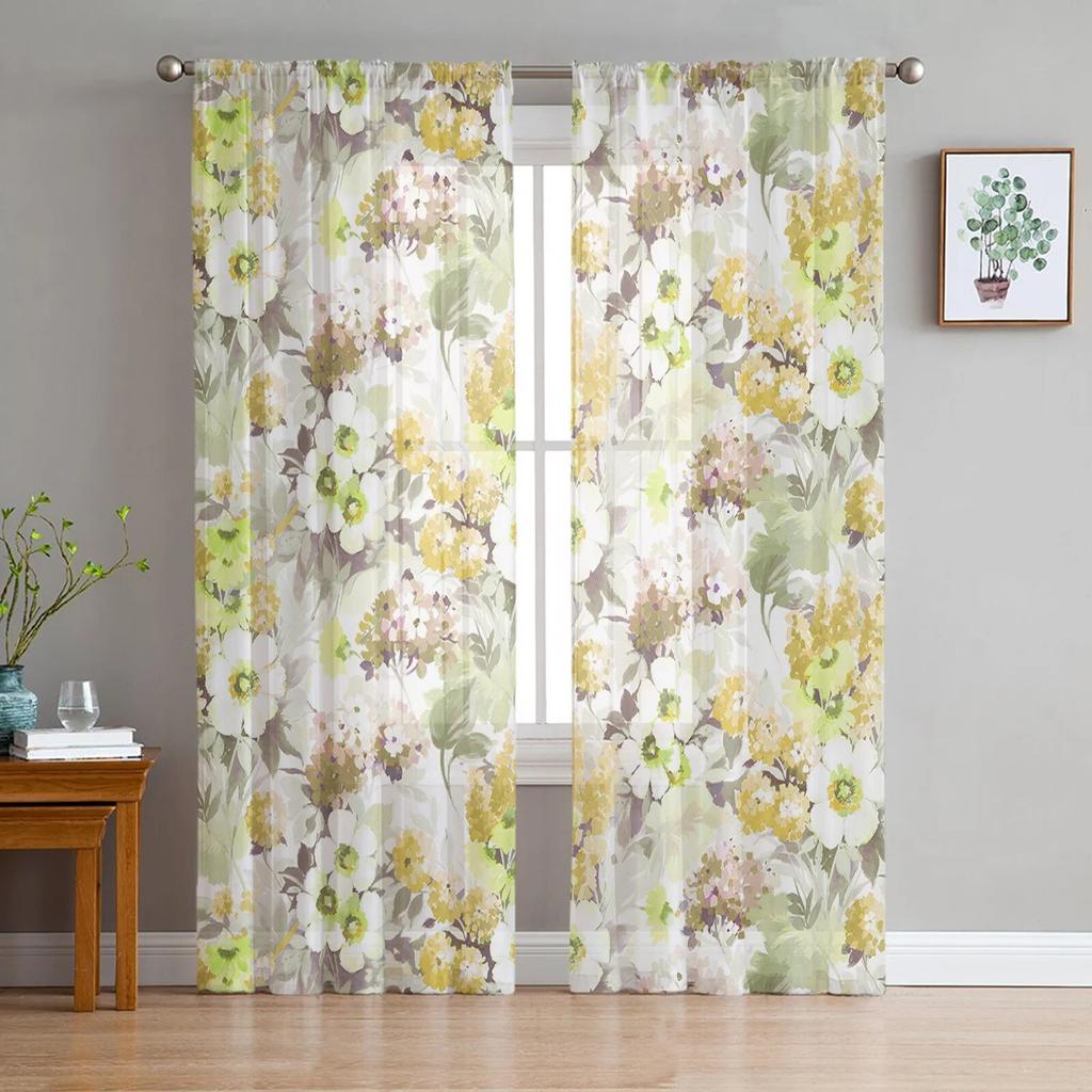 Spring Flowers Hydrangeas Sheer Curtains Transparent Voile Tulle for Bedroom Window Holiday Decoration