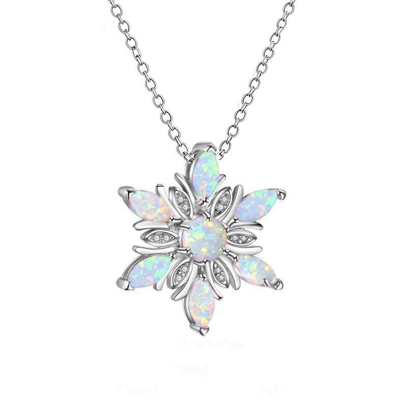 Snowflake Pendant Necklace - Imitation Opal Fashion Accessory for Christmas Parties