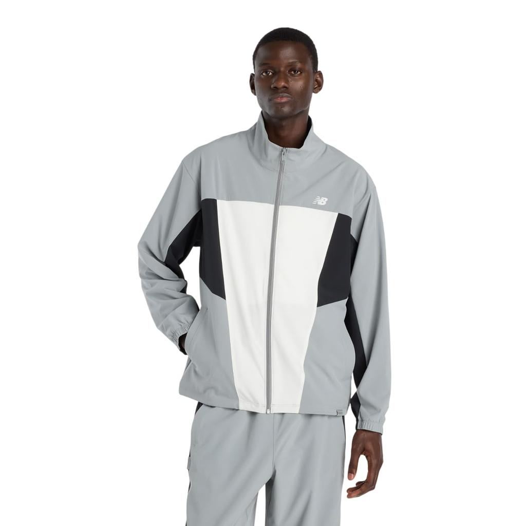 New Balance Men's Woven Track Jacket (MJ61H33O), model worn by Shohei Ohtani, perfect for club activities. Moisture-wicking, quick-drying, and availab