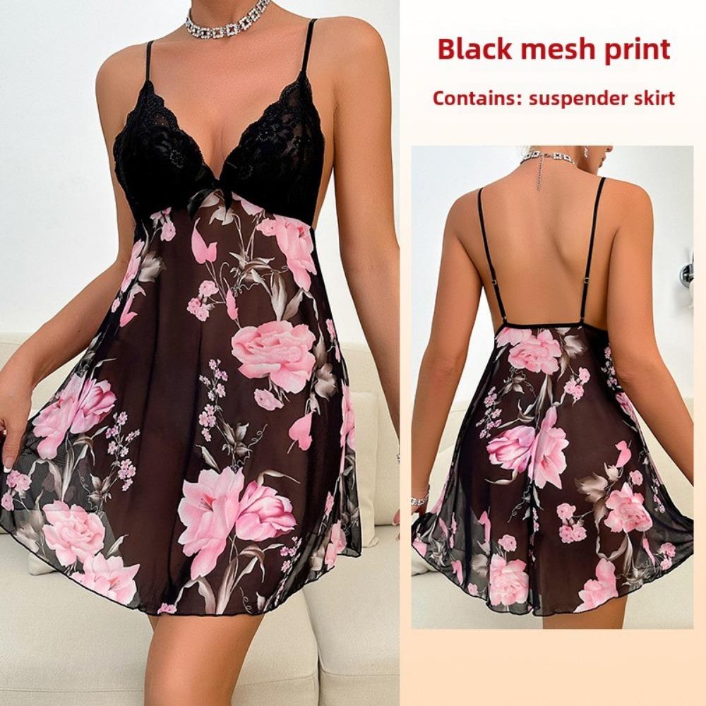 Mesh Suspender Skirt Printed Nightdress Sexy Lace Splicing Private House Temptation Loungewear