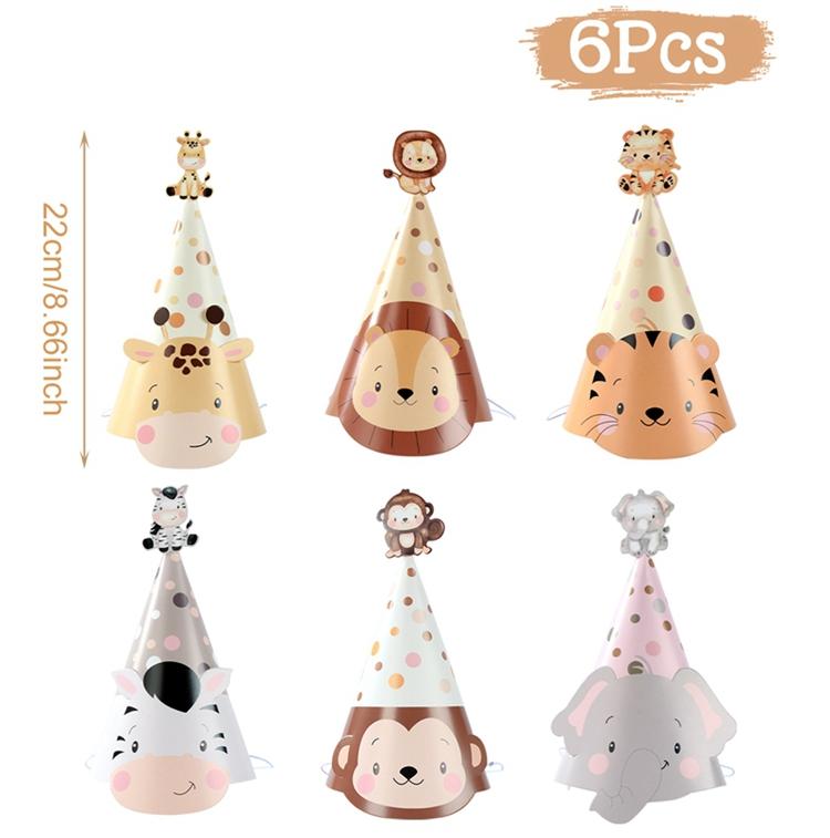 Jungle Animals Party Paper Hats Happy Birthday Party Decoration Kids Safari Animal Wild One Birthday Decor Supplies Baby Shower