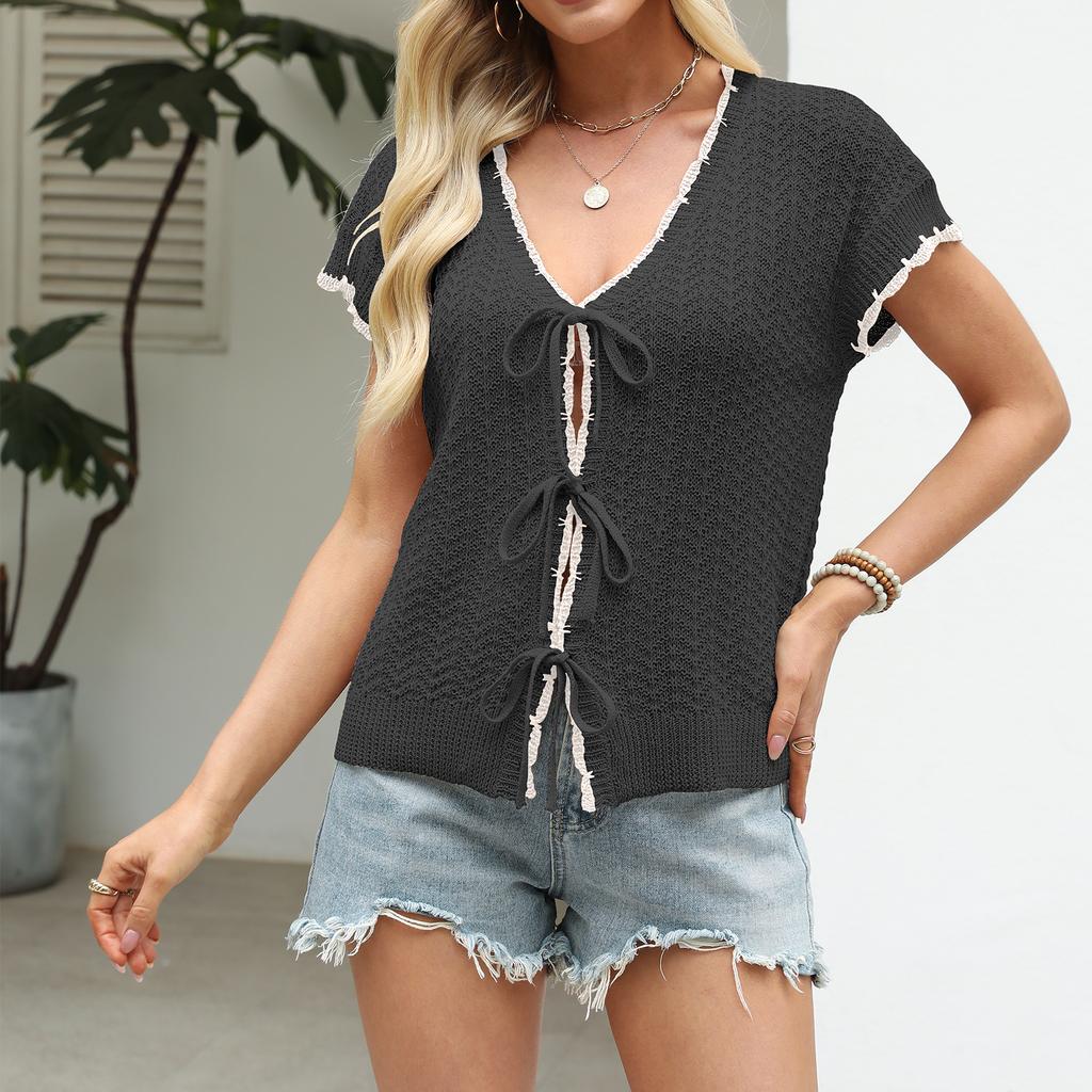 Damen Schnür-Cardigan Colorblock Mode Kurzarm Pullover Top