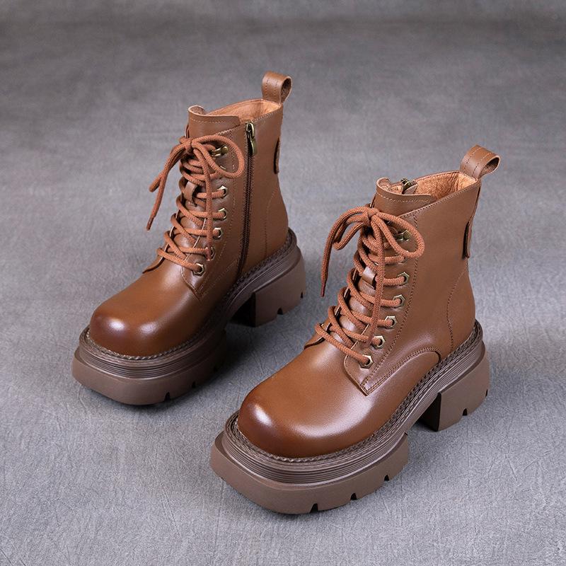 The First Layer of Cowhide Martin Boots for Women In the Autumn and Winter of 2025, the New Retro Lace-up Leather Platform Muffin Shoes for Women Wi