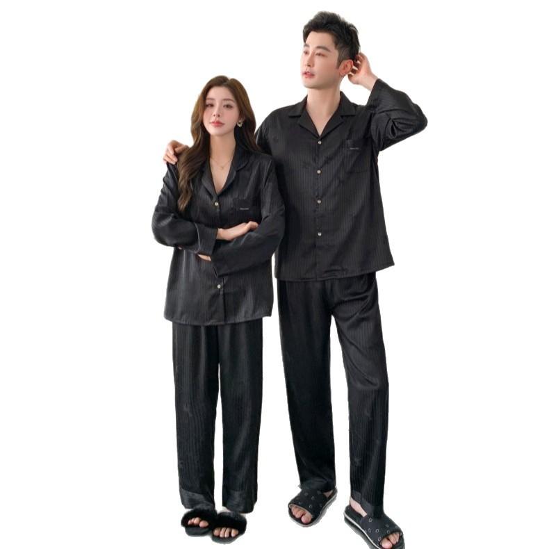 Couple ice silk pajamas women's spring and autumn long-sleeved large-size cardigan set men's high-end light luxury striped loungewear