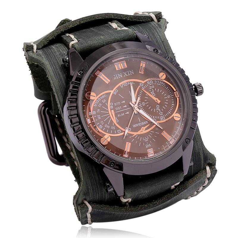 Retro Distressed Men's Cowhide Watch: European American Punk Wide Leather Bracelet Jewelry