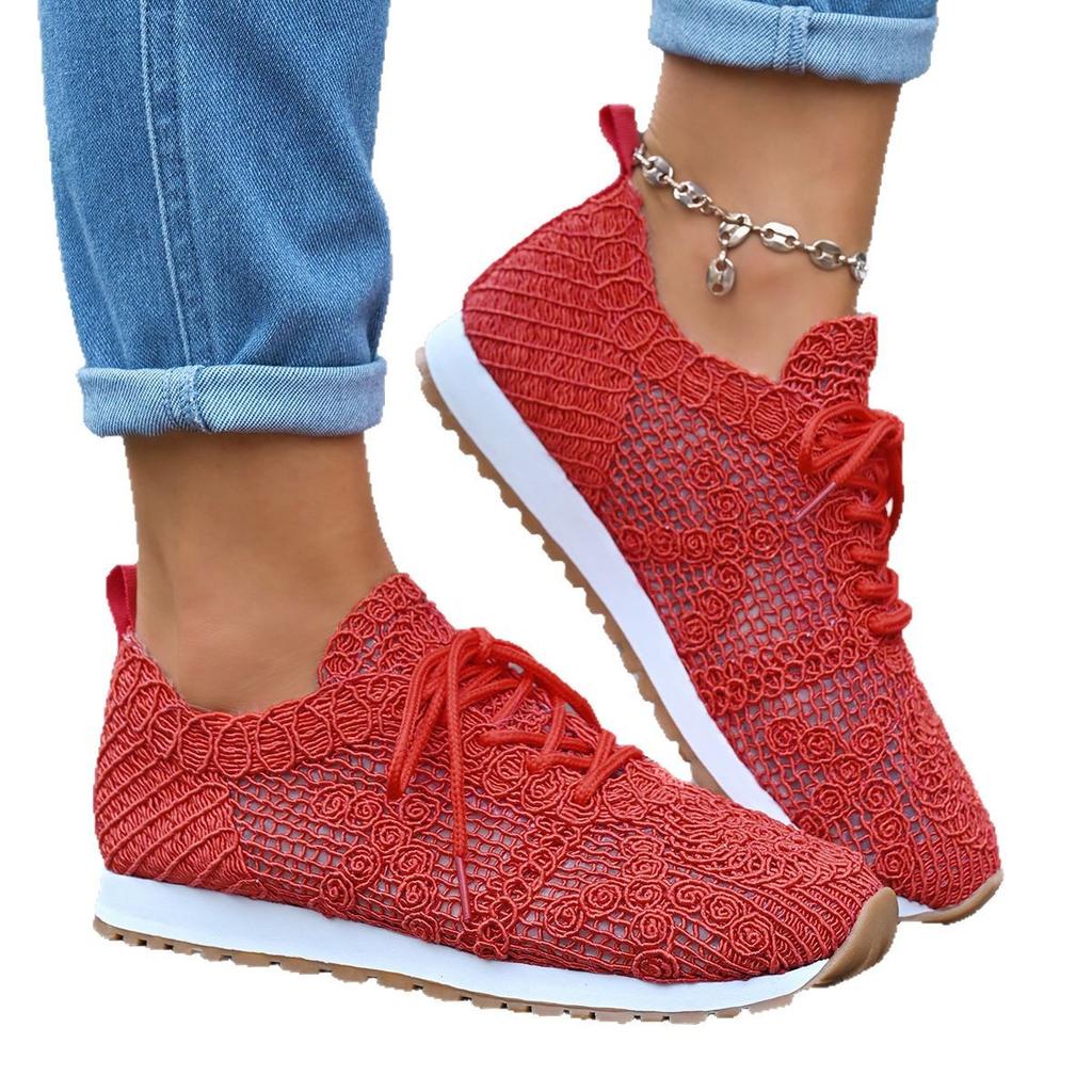 Fashion Spring 2025 European American Foreign Trade Large-sized Flat-bottomed Round-toe Solid-color Mesh Sports and Casual Women's Shoes