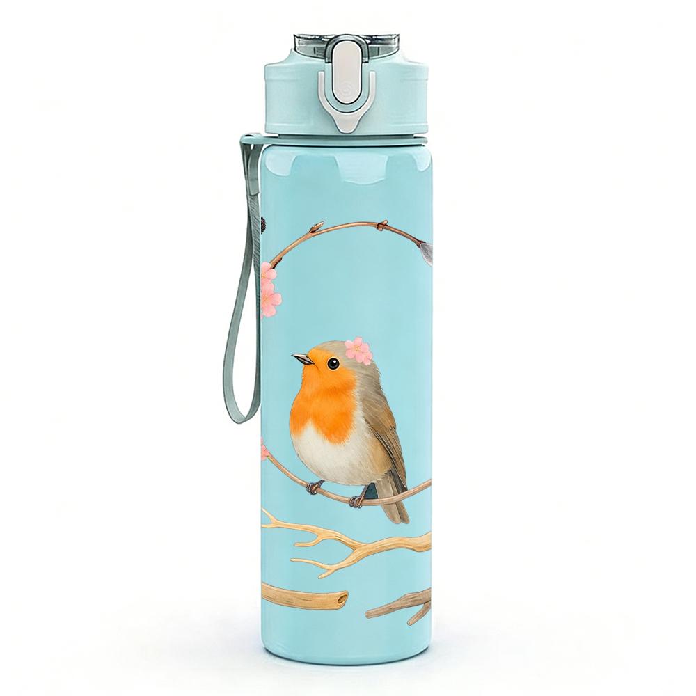 1PZ Ghirlanda Uccello Pettirosso su Ramo 750ml Colore Plastica Borraccia Sportiva Anti-perdita Tappo a Flip con Cannuccia Adatto per Sport Ufficio Uso Domestico