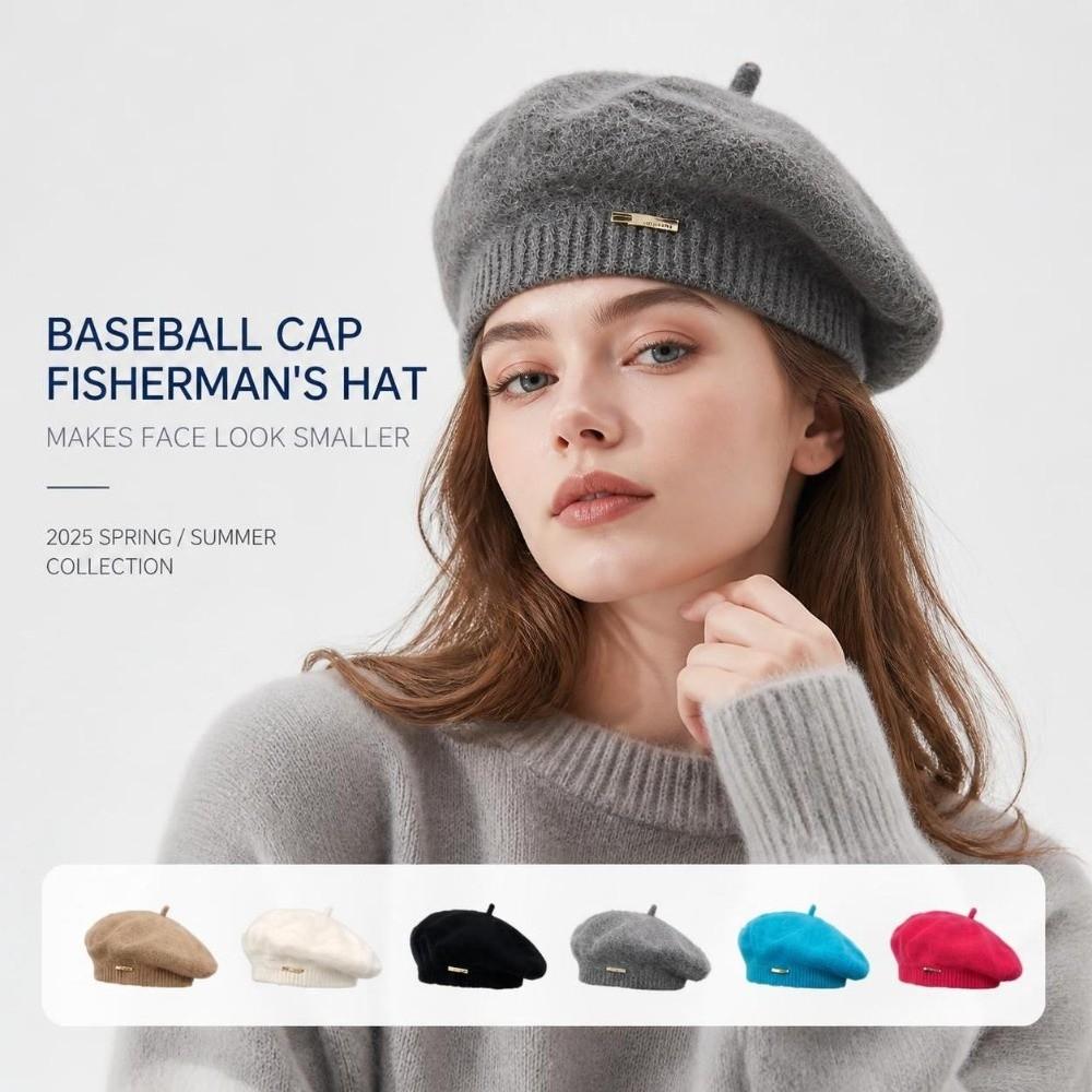 Metal Label Beret Hat Warm Woolen Beanie Cap Elegant Crochet Knitted Hat Women Girl