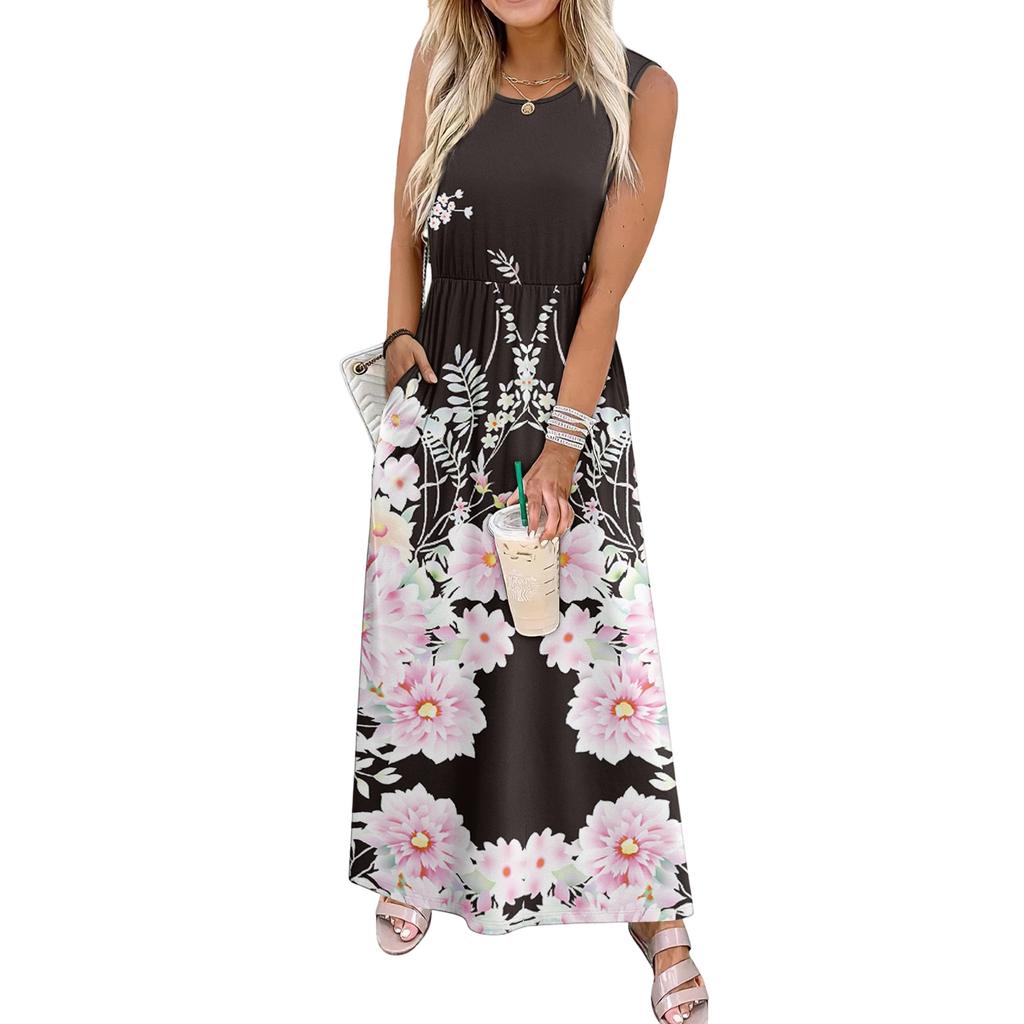 Ladies' Floral Print Casual And Fashionable Waist Cinched Sleeveless Dress