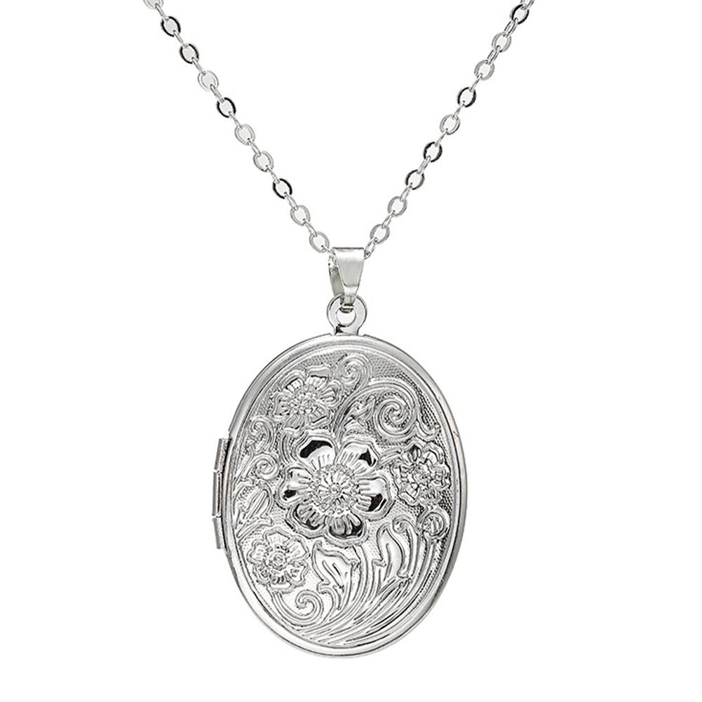 Locket Pendant Necklace Engraved Hold Photo Pendant Necklace Carved Pattern Oval Round Pendant Necklace for Women Men