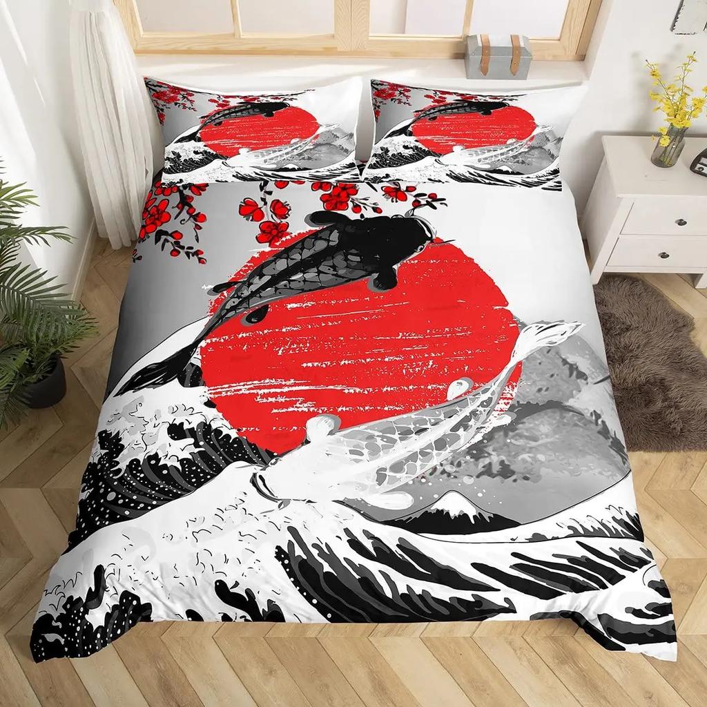 Comforter Koi Fish Carp Tie Dye Bedding Sets Traditional Chinese Ink Art Lotus Leaf Nature Full Size