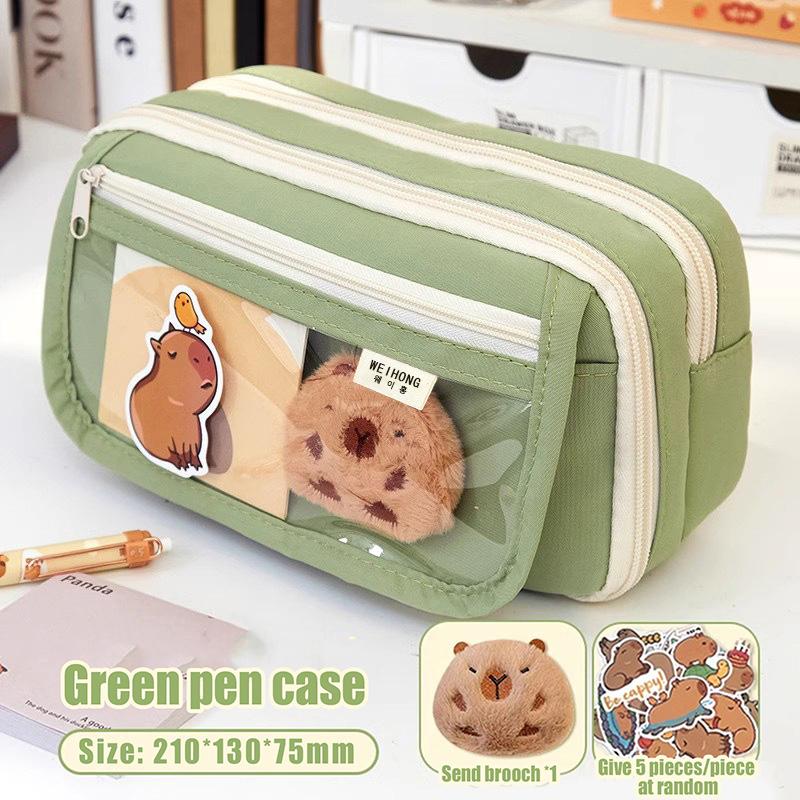 Large Capacity Pencil Bag Capybara Cartoon Stationery Holder Bag With Brooches Stickers Clips Keychains Children Pen Case