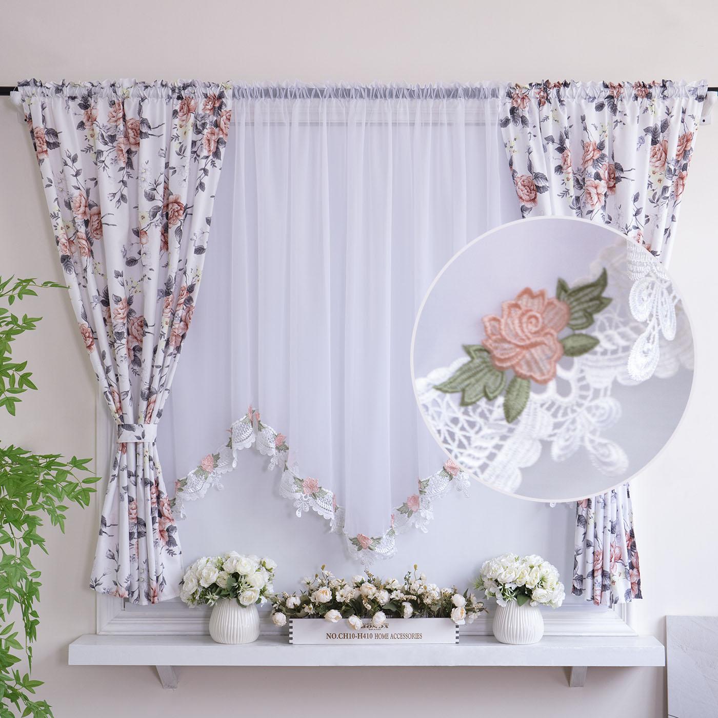 

1PC Retro Sheer Chiffon Curtain, Printed Pattern, Lace Embroidery, Light Filtering, Sweet Decor for Living Room Bedroom Balcony W150cmxH120cm 1PC&Pull Pleated Tape