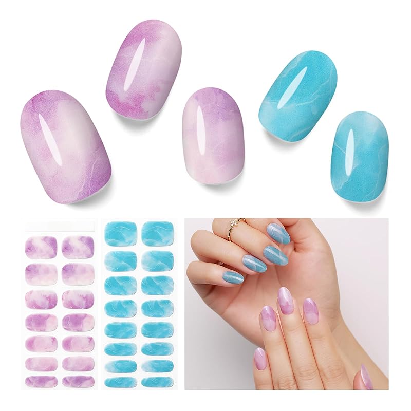 Semi Cured Gel Nail Strips - 30PCS Gel Nail Stickers for UV Light, Long-Lasting Gel Nail Wraps, Salon-Quality Semi Cured Nail Stickers, 2 Weeks Wear, Violet Ocean