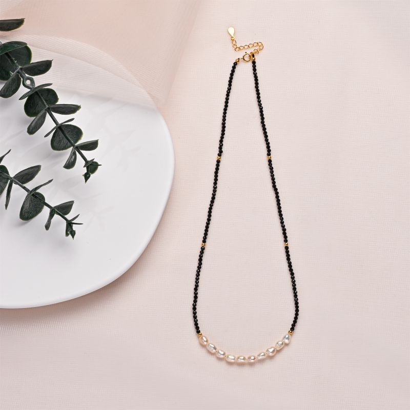 HENGSHENG OL Style Black Spinel Natural Crystal 4-5mm Freshwater Baroque Pearl S925 Silver Necklace For Women Girl Jewelry Gifts