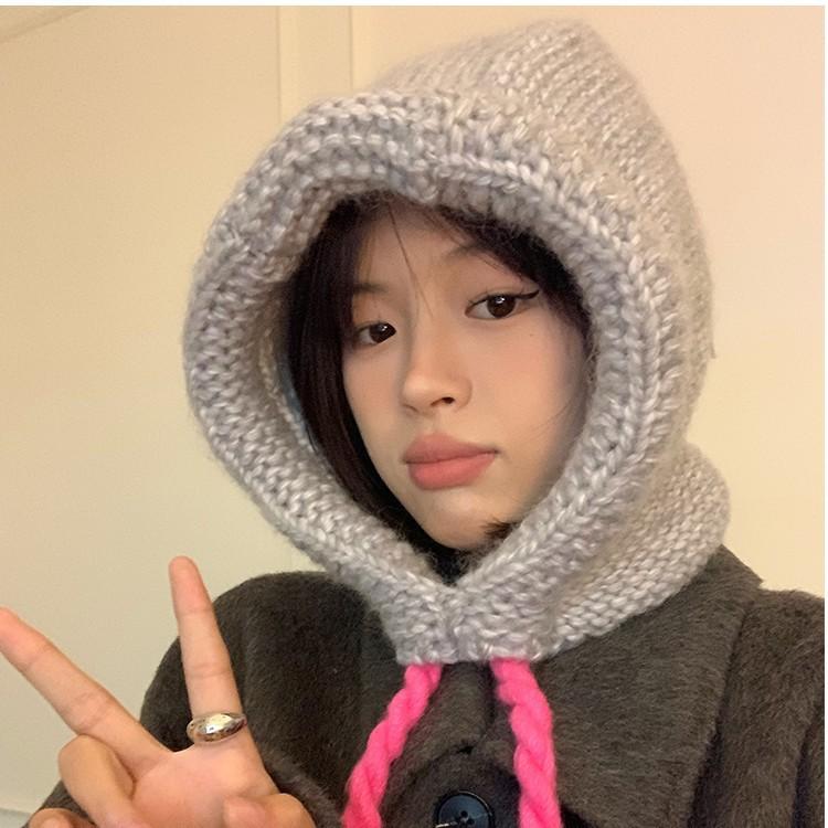 Korean New Style Ins Balaclava Ear Protection Warm Knitted Pullover Hat Thick Thread Blue Wool Hat Men Korean