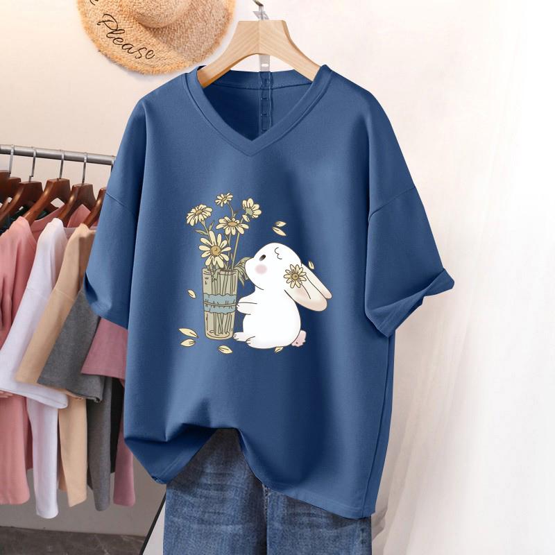 Dámské tričko s krátkým rukávem, volného střihu, zeštíhlující top s potiskem a výstřihem do V