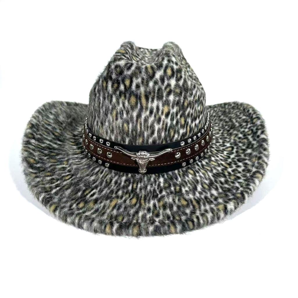 Autumn and Winter New Western Cowboy Hat Retro Bull Head Accessories Leopard Print Top Hat Men's and Women's Versatile Fashion Jazz Hat