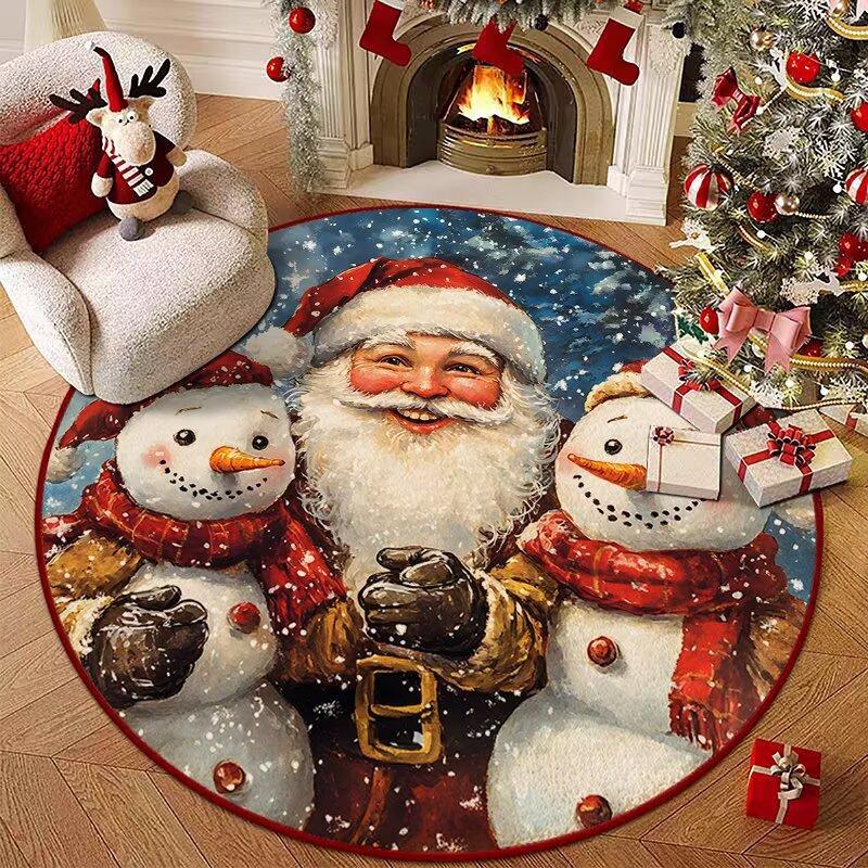 Christmas Joyful Santa Claus Snowman Carpet Mat Round Red Gift Boxes Rug Festive Non-slip Home Decoration for Living Room Carpet