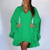 Women V-neck Flared Long Sleeve Mini Dress Solid Color Irregular Ruffle Hem Solid Color Casual Short Vacation Dress