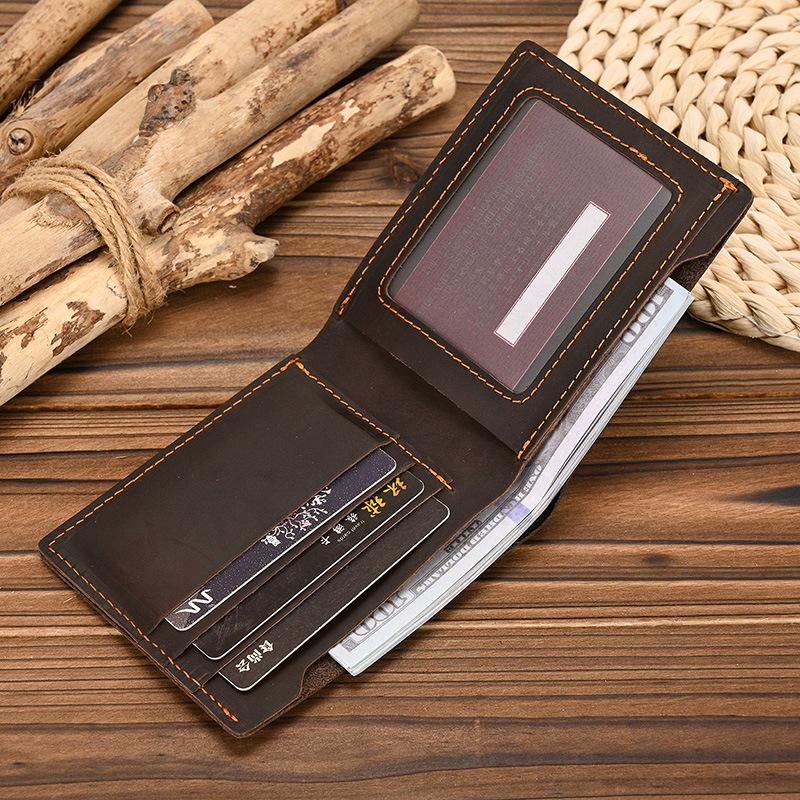 Men S Leather Short Wallet, Crazy Horse Leather Card Clip, First Layer Cowhide Card Bag, 20% Off Wallet.