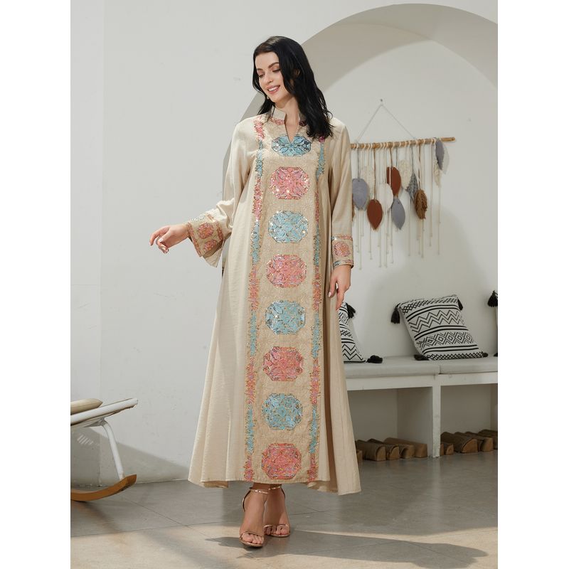 New Middle East Robe Women Clothes Fashion Casual Loose Print Sequins Dress Embroidered Dress