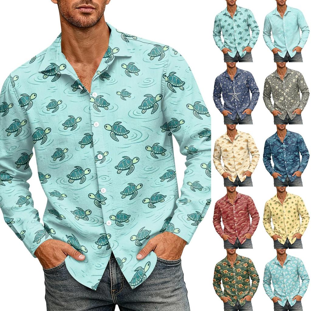 Men's Hawaiian Loose Fit Long Sleeve Shirt with Classic Collar Vintage Casual Button Down Shirt Suitable for Spring and Autumn Wear
