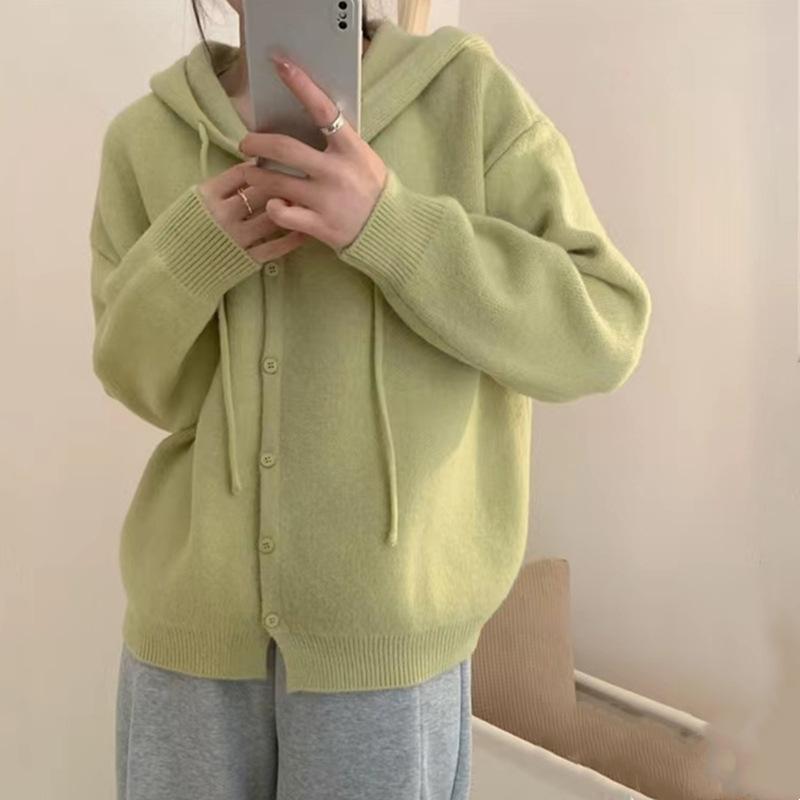 Simple casual hooded knitted cardigan top women's autumn and winter new loose lazy wind sweater jacket